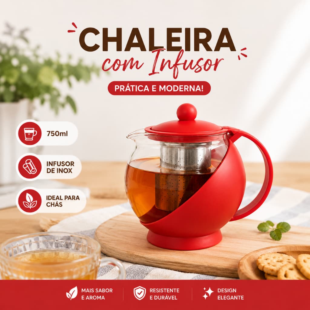 Chaleira de Vidro com Infusor para Chá, erva / Inox 750ml