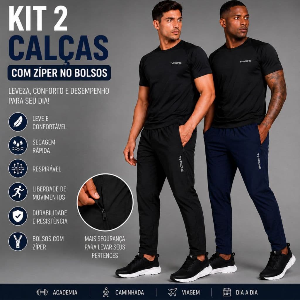 KIT 2 Calças Masculinas Tactel Leve Casual Academia Treino Viagem Bolso com Zíper Secagem Rápida