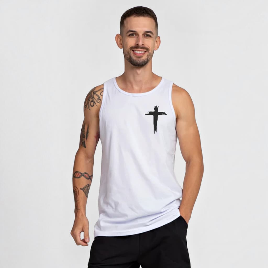 Regata Masculina Camiseta Sem Manga Estampa Cruz Minimalista Algodão Casual Academia Fé Moda Cristã