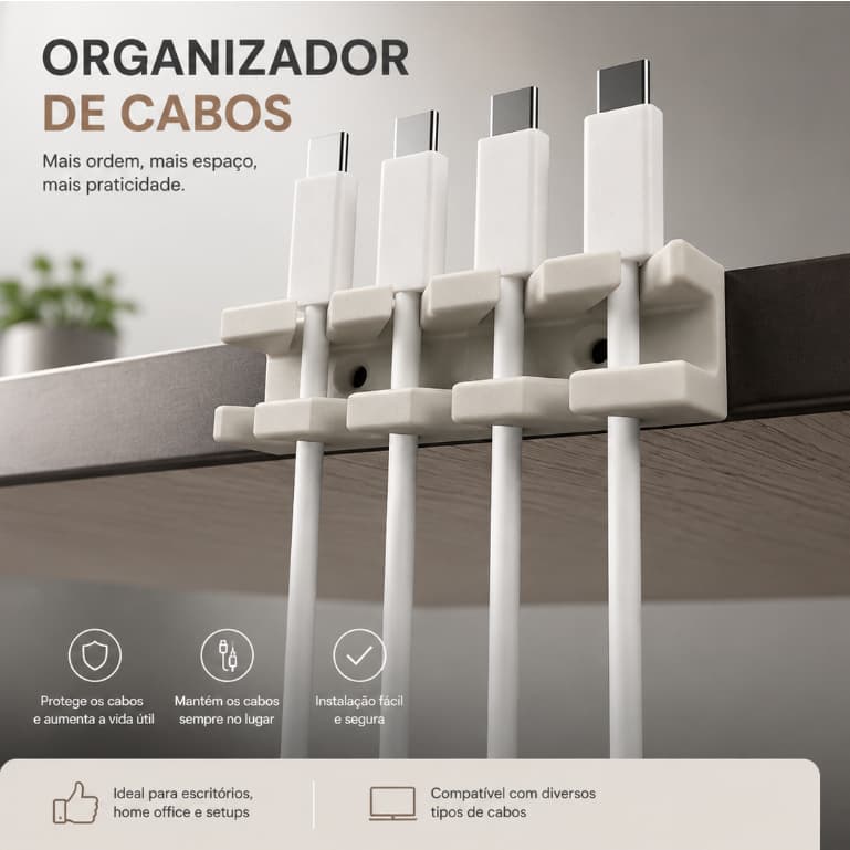 Organizador de Cabos Compacto para Mesa Home Office Setup com Fixação Segura e Design Elegante
