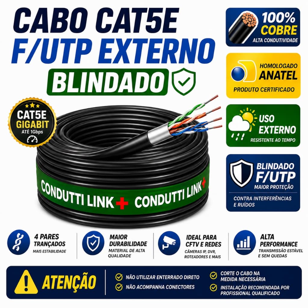 Cabo F/utp Blindado Lan Cat5e Ext Dupla Capa 115m 100% Cobre - CONDUTTI LINK+