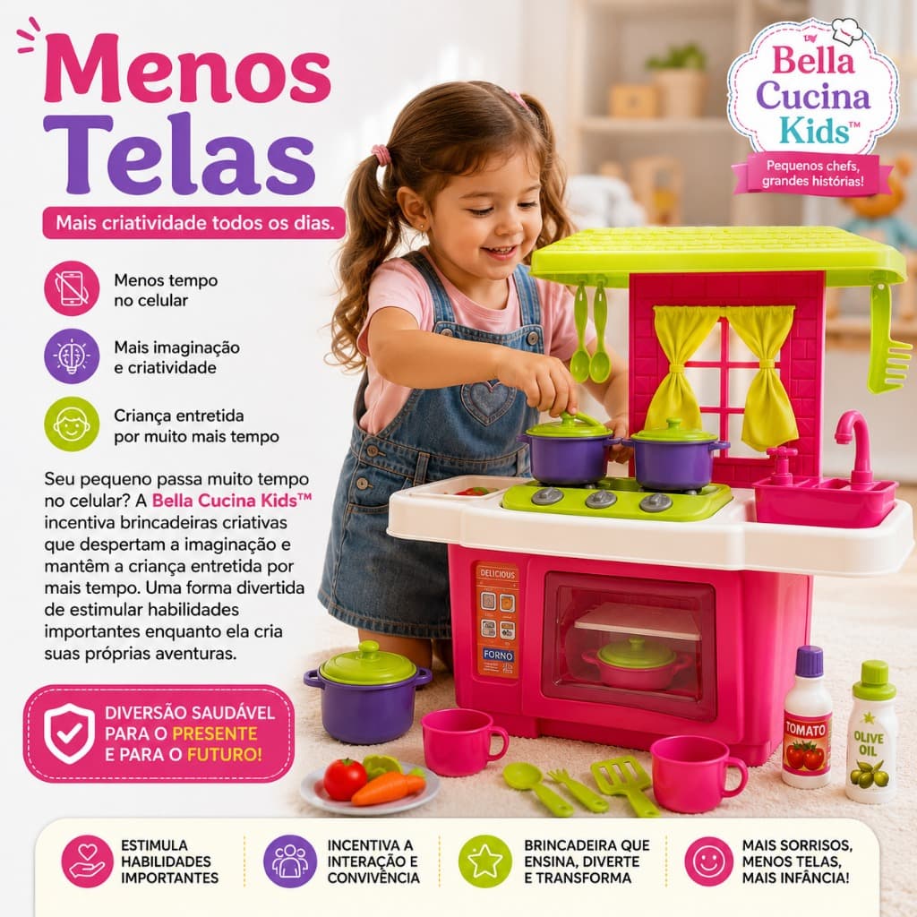 Bella Cucina Kids™ Cozinha Infantil Completa com Forno Pia Fogão e Acessórios Brinquedo Educativo