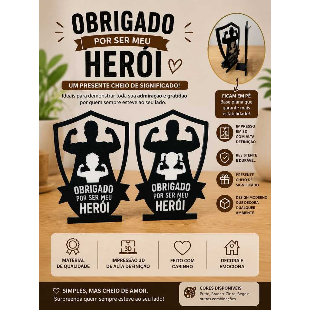 Placa Decorativa Dia dos Pais Obrigado Por Ser Meu Herói Impressora 3D