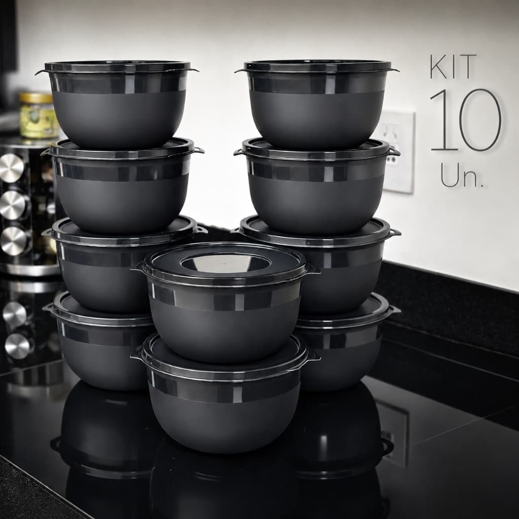 Kit 10 Potes Bowl Preto 1300ml com Tampa Reforçada  e Vedada - Cozinha Alimentos e Marmitas