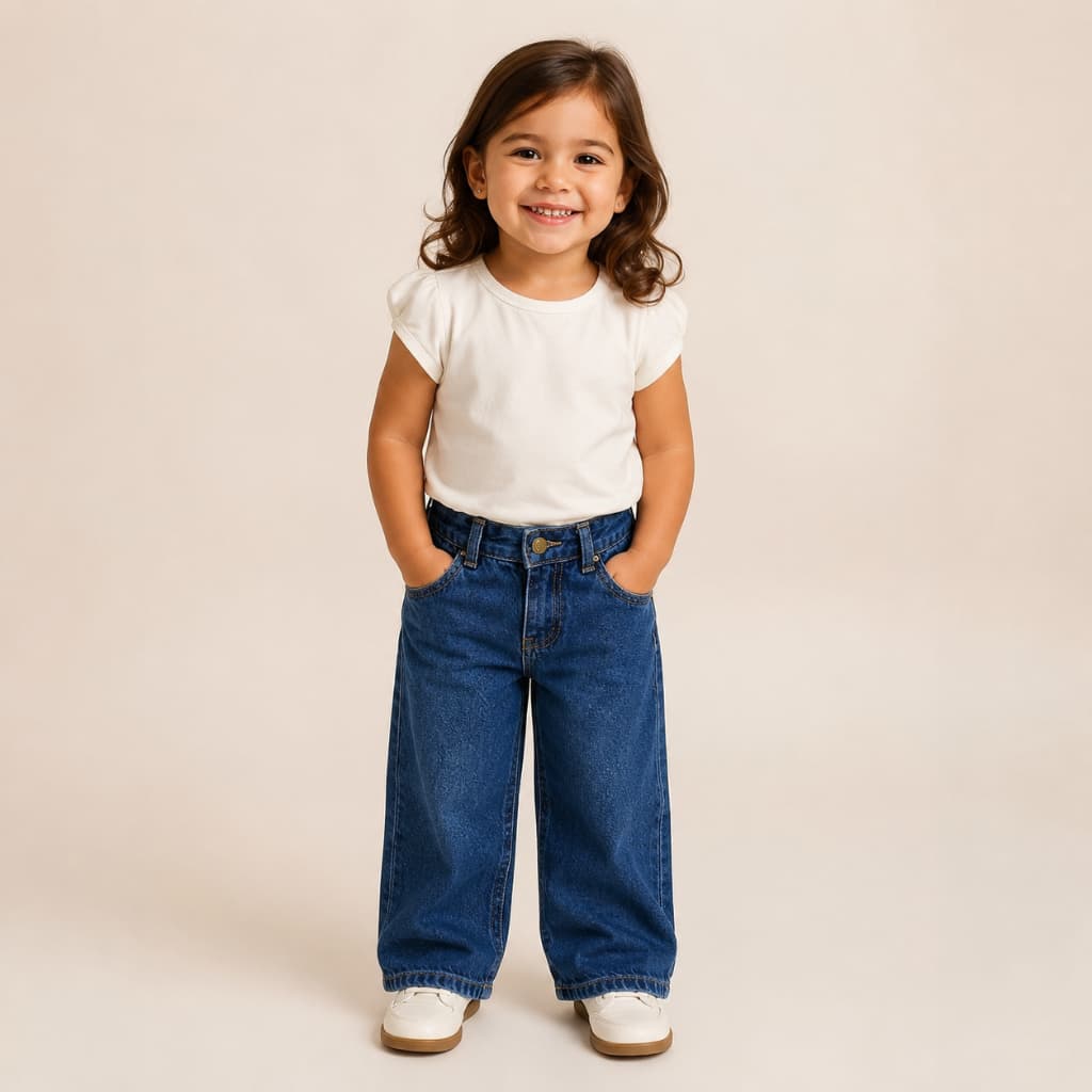 CALÇA LORDAN JEANS PREMIUM INFANTIL DE BEBÊ MENINA WIDE ESCURA 01 AO 03 COM MUITO ESTILO