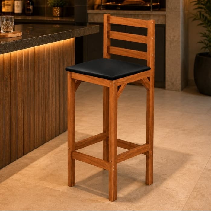 Conjunto 2 Banquetas Alta Madeira para Balcão Churrasqueira e Espaço Gourmet
