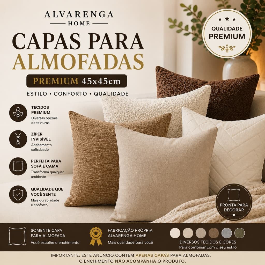 Capa Para Almofada 45x45 Decorativa Premium Texturizada Zíper Invisível Várias Cores