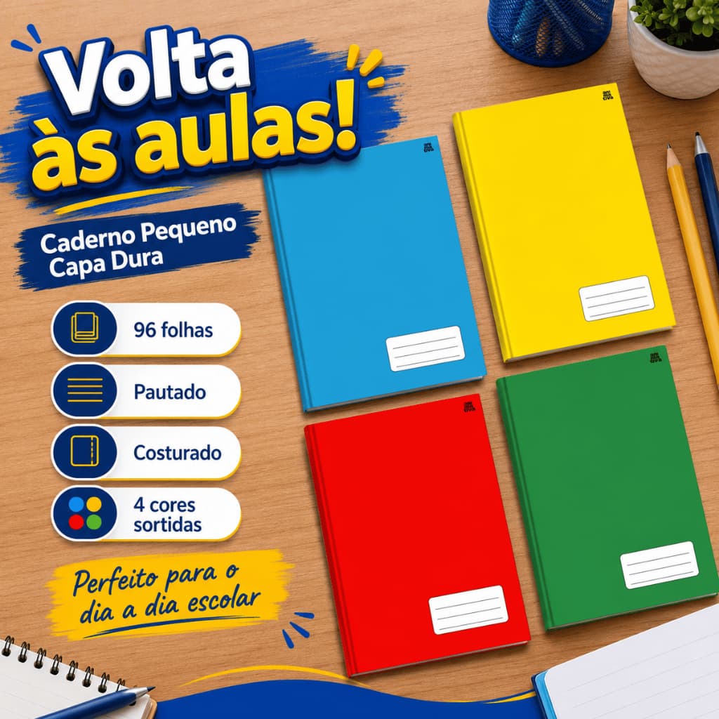 Kit 4 Cadernos 14x20 Capa Dura 96 Folhas Brochura Pautado Costurado