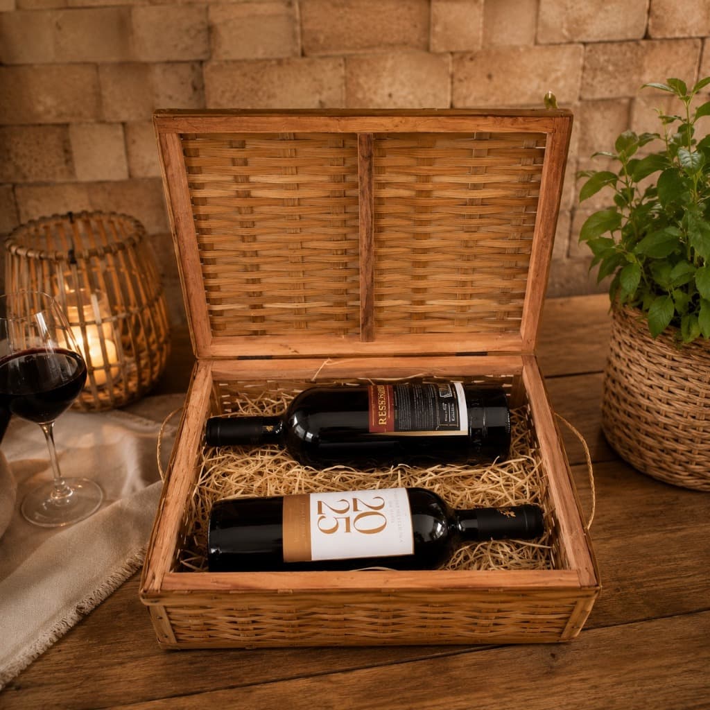 Porta Vinho De Bambu Cesto Com Tampa Pra 2 Vinhos Decorativo