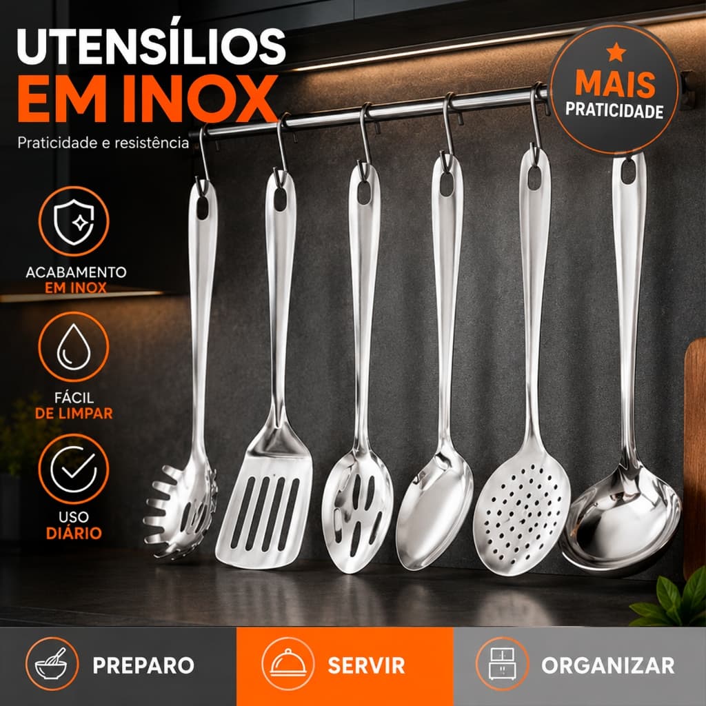 Kit Utensílios Inox - Não Enferruja e Organiza Sua Cozinha Colher Concha Espátula