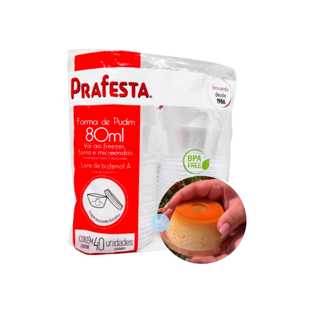 Forma para pudim plástico forneavel com tampa 80ml Prafesta com - 40 unidades