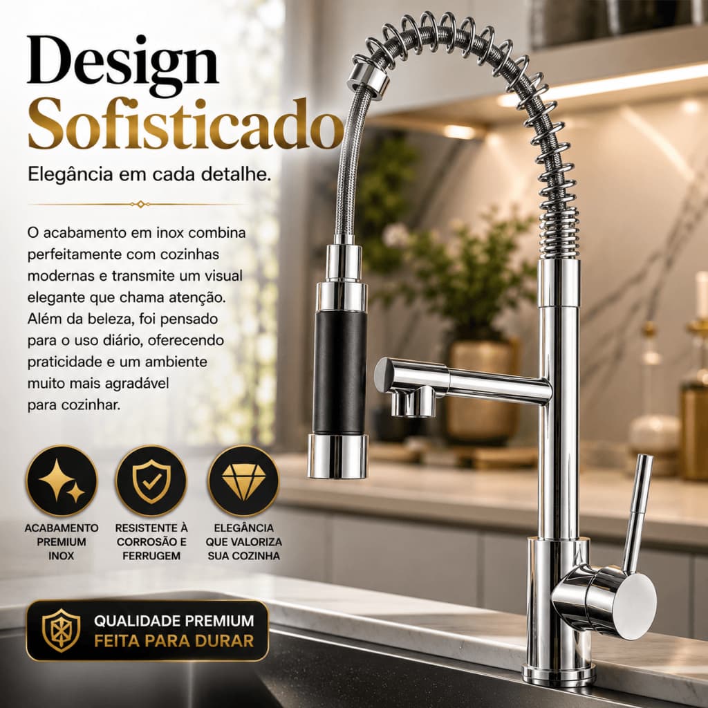 Torneira Gourmet Inox Flexível com Ducha Extensível para Pia de Cozinha 51,5cm