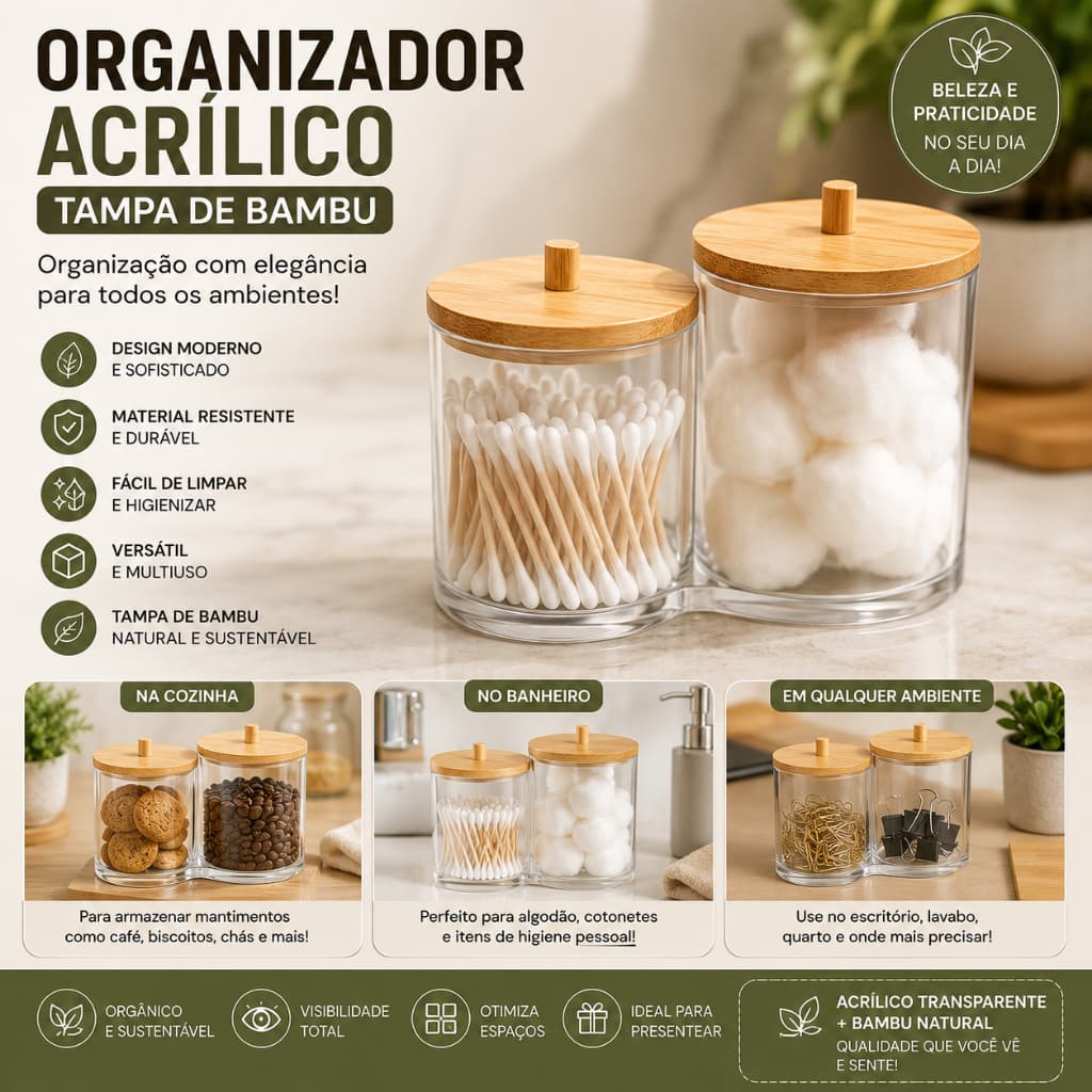 Organizador Acrílico Duplo com Tampa de Bambu Porta Algodão Cotonetes Mantimentos Decorativo
