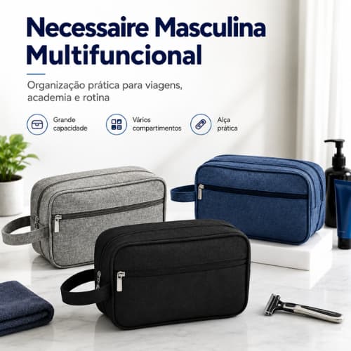 Nécessaire de Maquiagem Unissex - Resistente, Forrado e Prático - Preto M