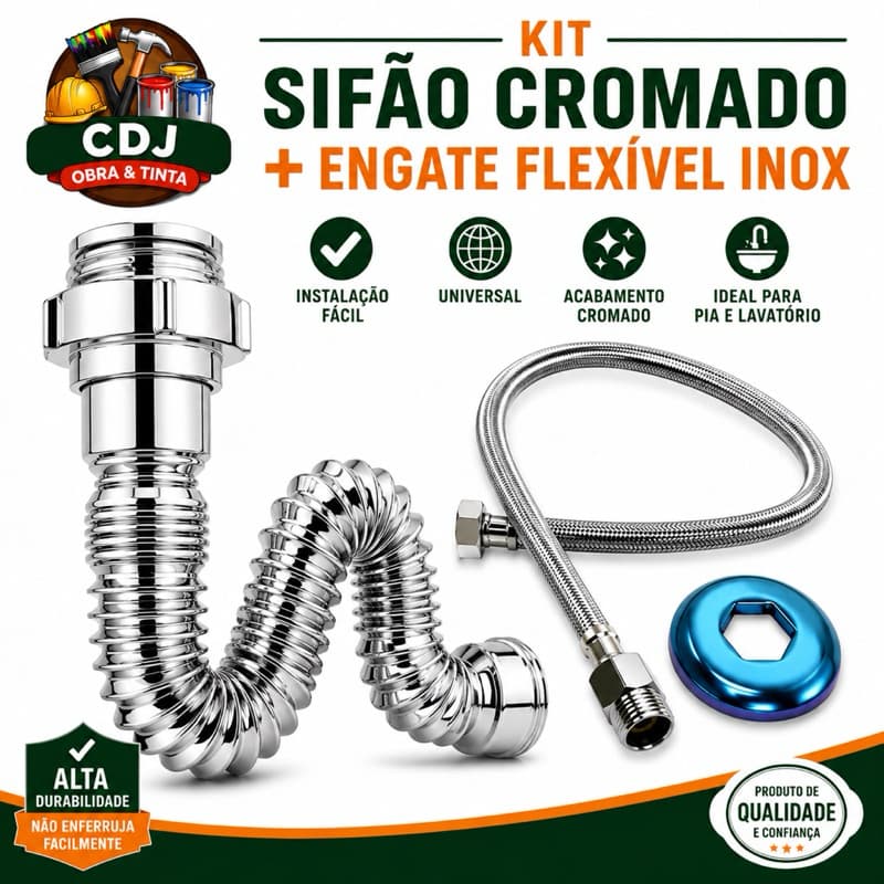 Kit Sifão Sanfonado Cromado Universal + Engate Flexível Inox 40cm Para Pia Lavatório Banheiro Cozinha