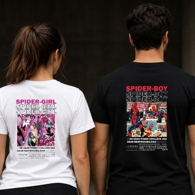 Kit Camiseta Spider-Boy Spider-Girl Unissex Estampada Costas + Logo Frontal