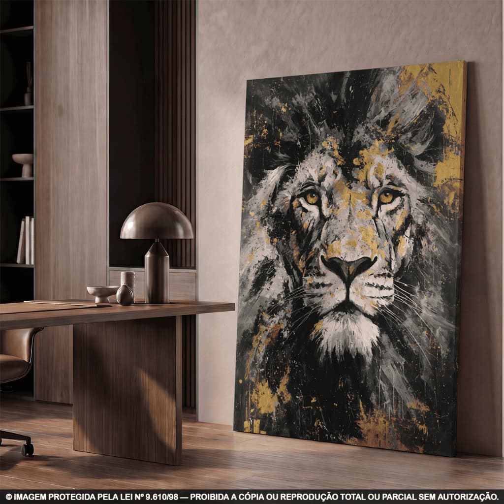 Quadro Decorativo Leão Preto e Branco Perfil Premium Borda Infinita