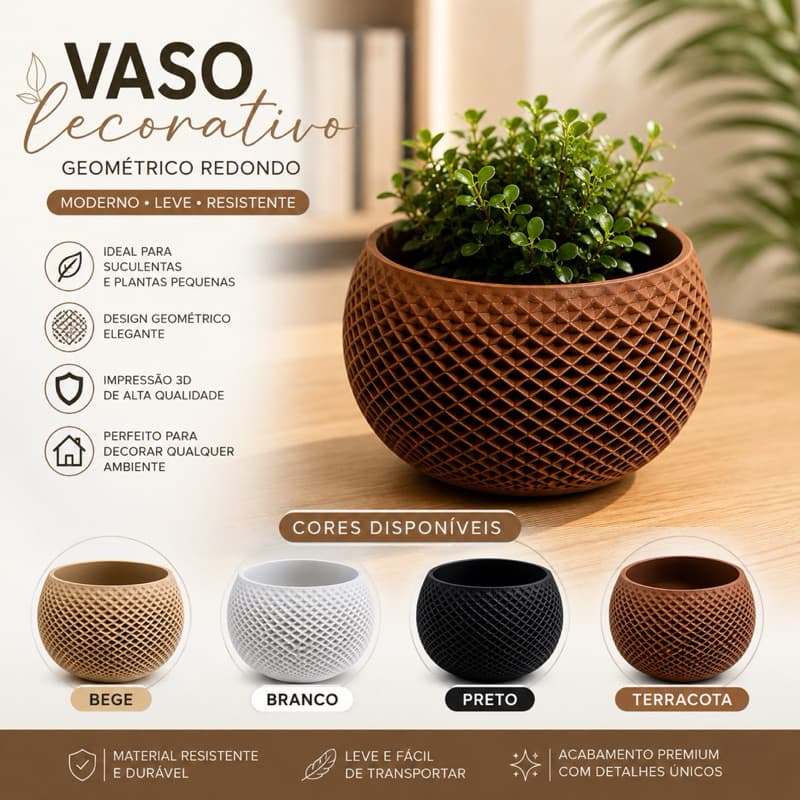 Vaso Decorativo Geométrico Redondo para Suculentas e Cactos em Impressão 3D – Design Moderno