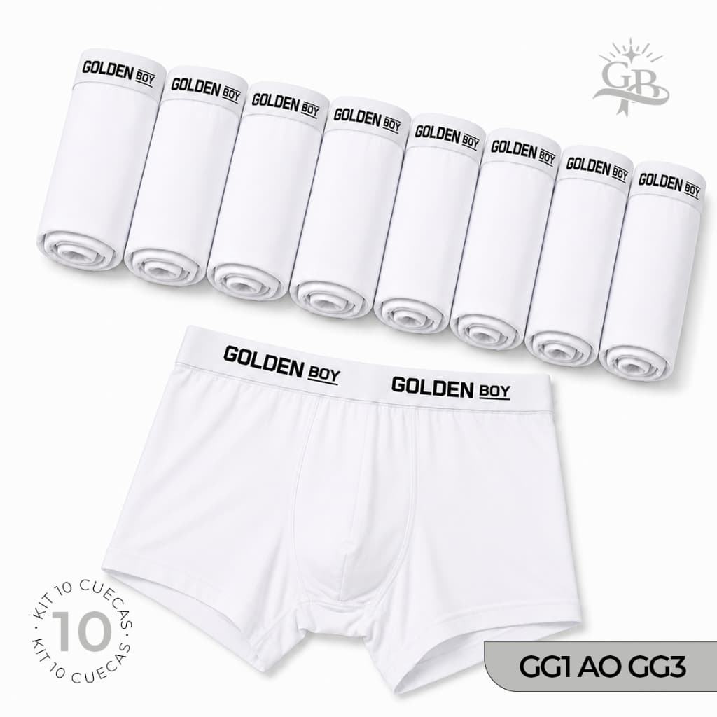 Kit 10 Cuecas Boxer Branca Lisa Plus Size Básica com Elástico no Cós Forro 100% Algodão