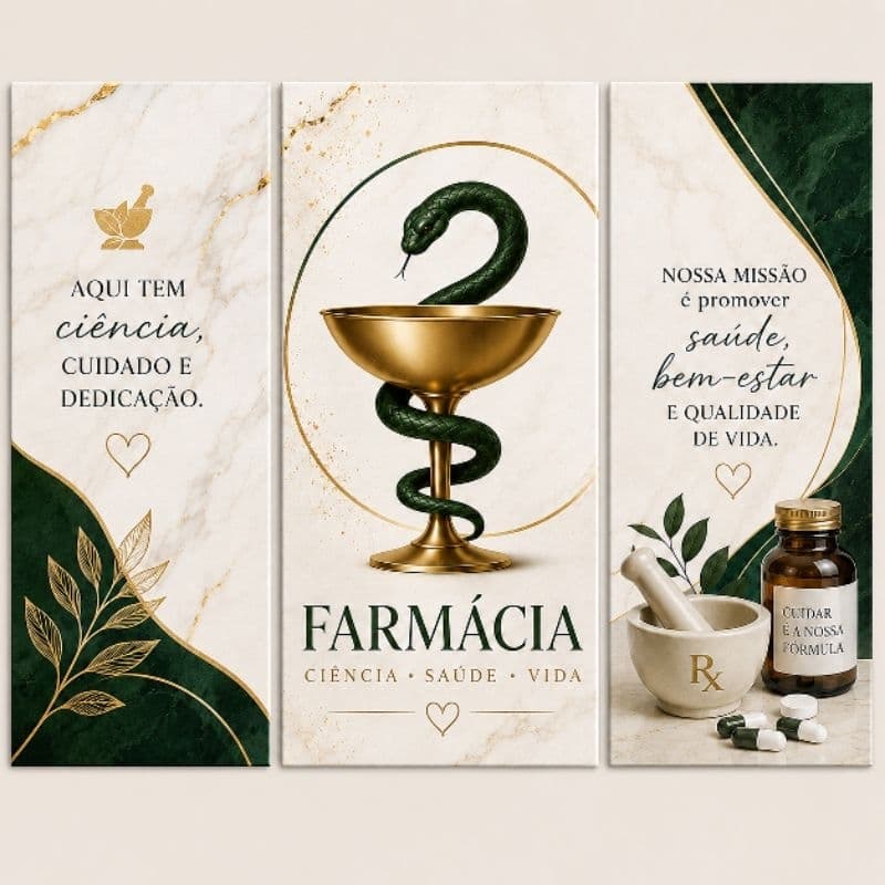 Kit Quadros Decorativos Farmácia 3 Peças Profissão Saúde Consultório