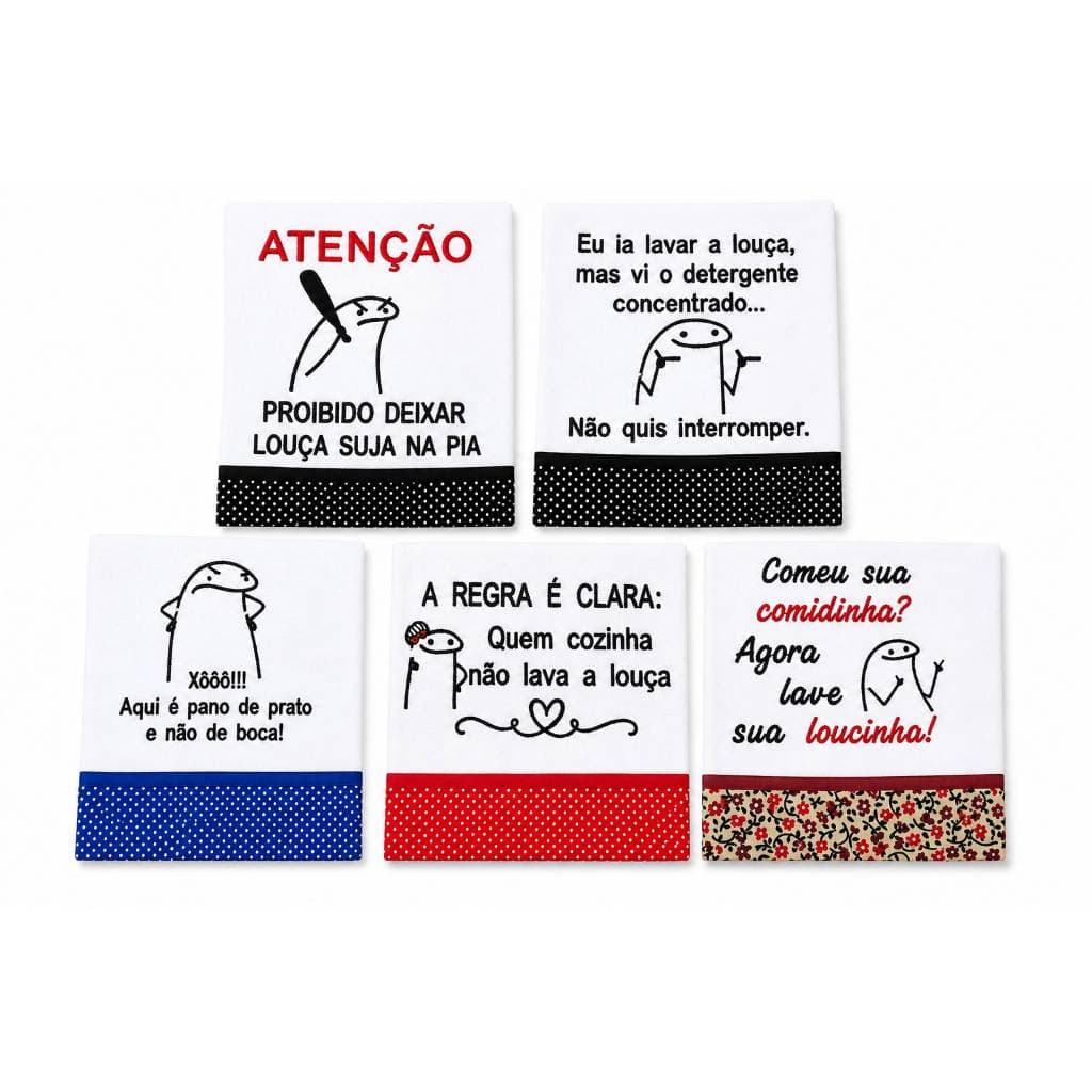 Kit 6 Panos De Prato Bordados Flork Divertidos Sacaria Pé De Galinha 100% Algodão Pano De Copa Cozinha