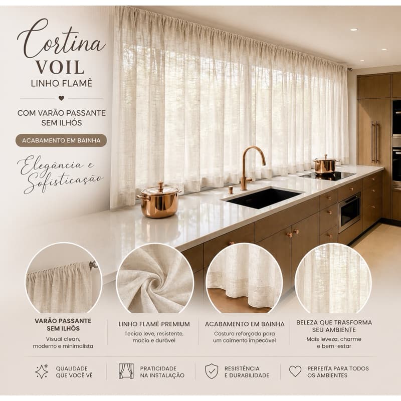 Cortina Linho Voil Flame Luxo 3,00x1,30 Varão Passante Sala Quarto