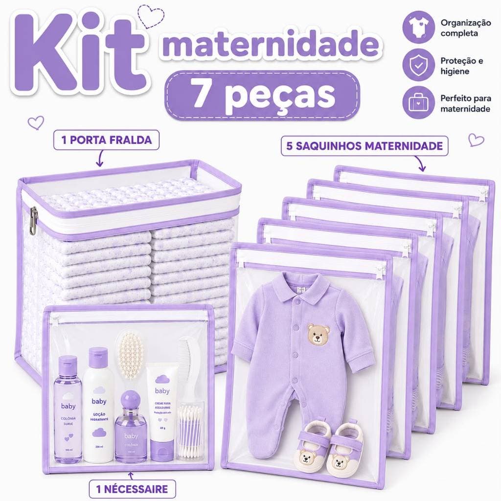 Kit 7 Peças Maternidade – 5 Saquinhos Organizadores + 2 Porta Fralda Remédio Necessaire