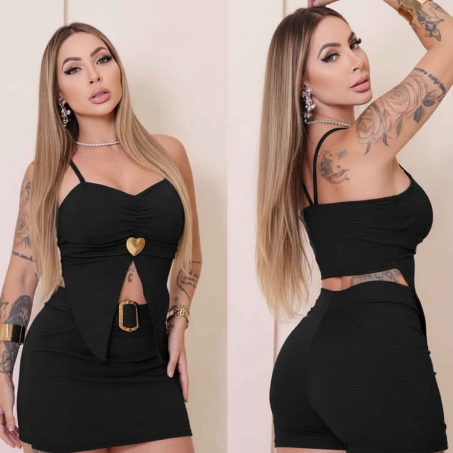 Conjunto Feminino Cropped Com Bojo E Short Saia Canelado Gringa