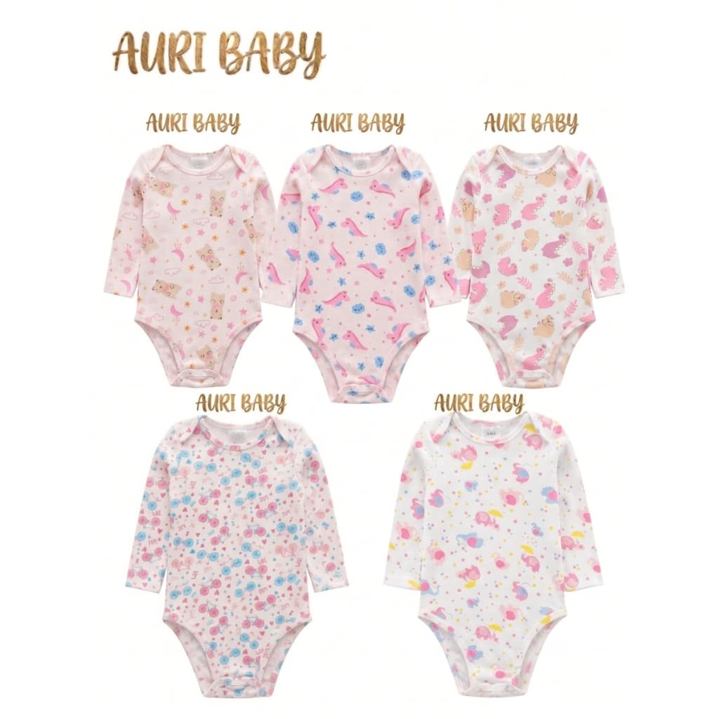 ✨ KIT 5 BODY AURI BABY MANGA LONGA  RIBANA CANELADA 100% ALGODÃO – ESTAMPAS SORTIDAS ✨