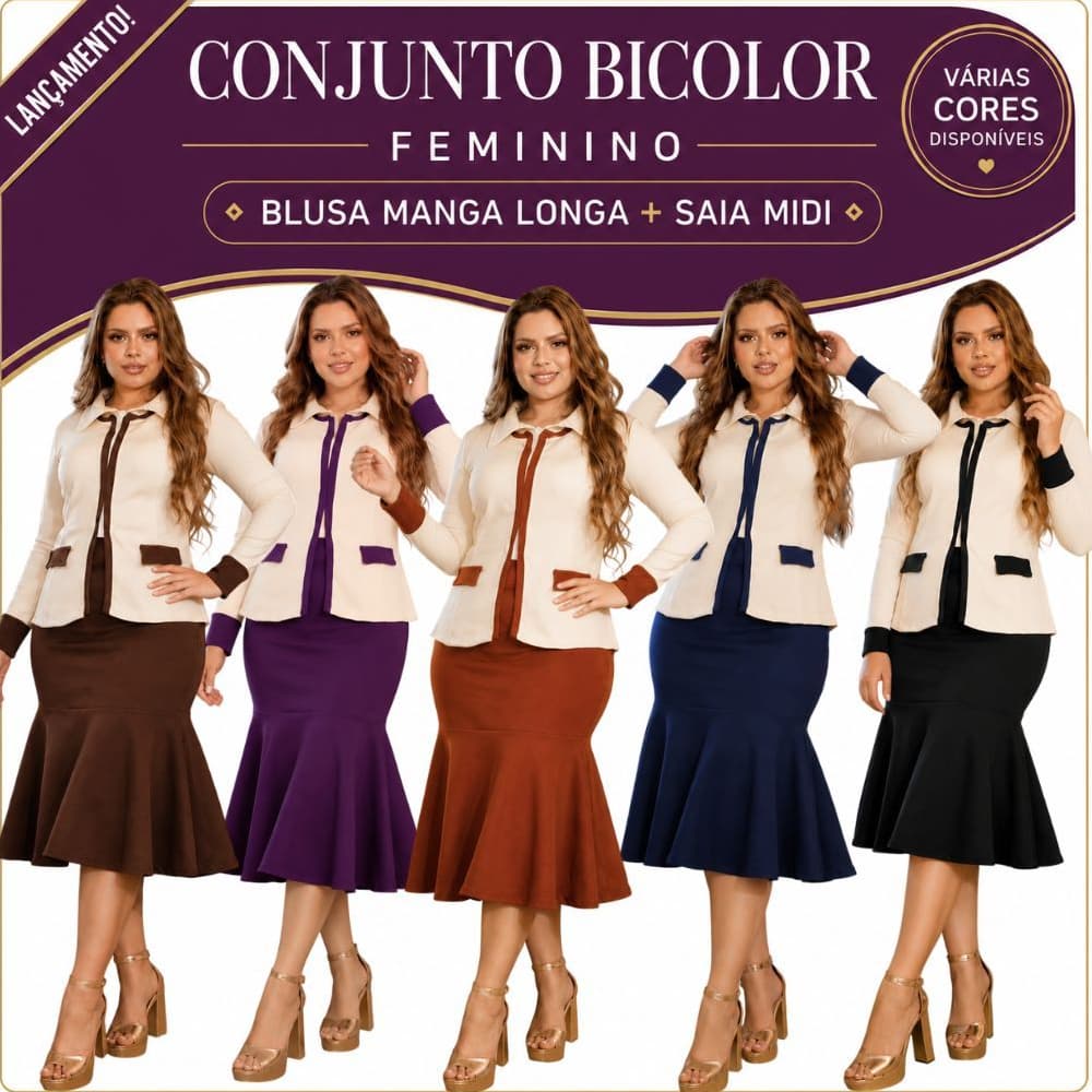 CONJUNTO BICOLOR FEMININO MODA EVANGÉLICA BLUSA MANGA LONGA SAIA MIDI MALHA CREPE LIVERPOOL ELEGANTE