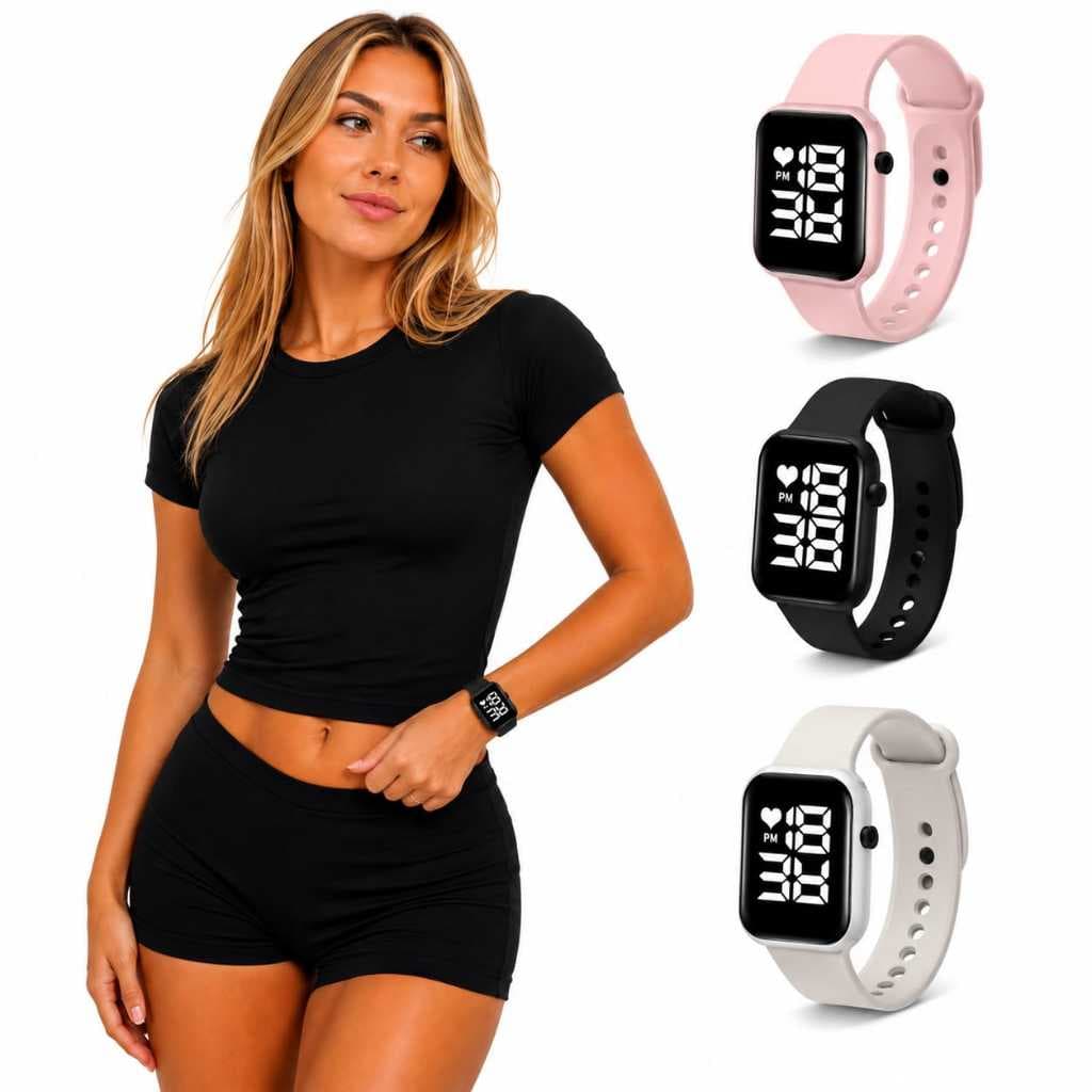 Kit Feminino 1 Blusa Baby Tee Feminina + 1 Relogio Digital Led