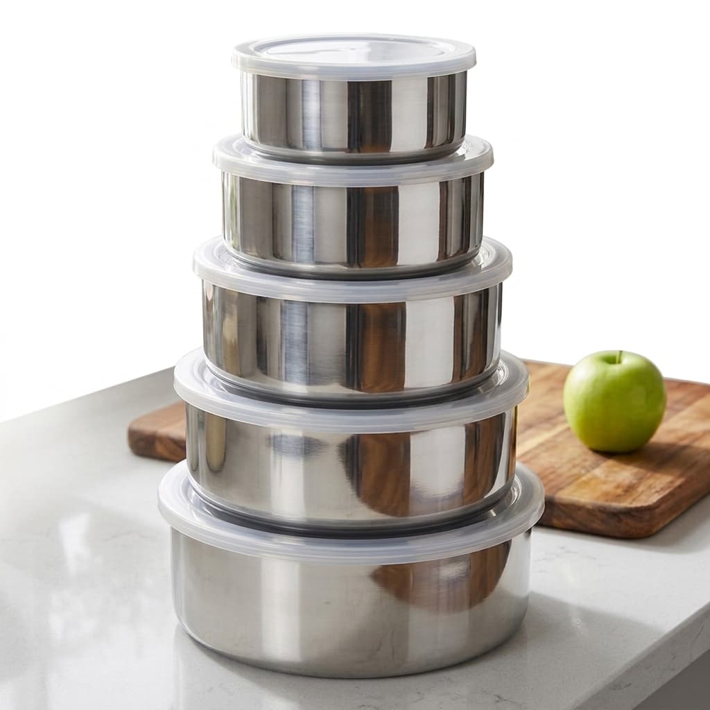 Jogo 5 Potes Herméticos Redondos Aço Inox Porta Mantimento Vasilha Inox Organizador de Cozinha