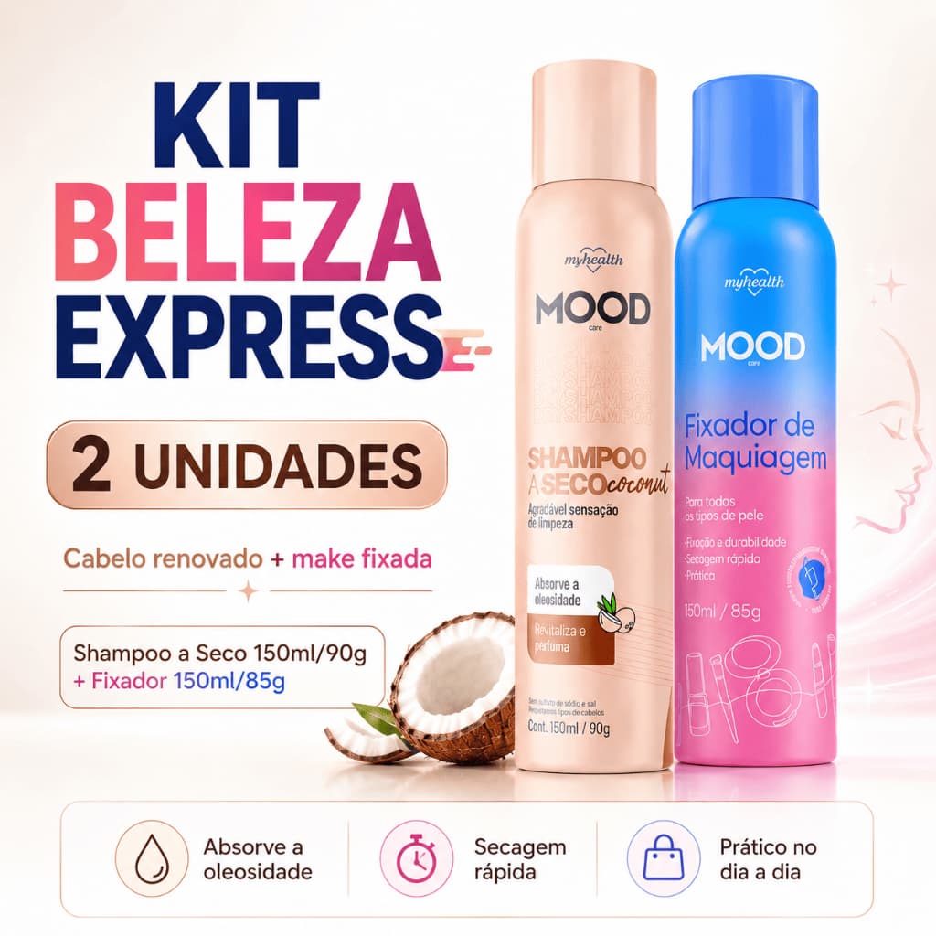 Kit Shampoo a Seco Coconut e Fixador de Maquiagem Mood My Health 150ml Beleza Express Secagem Rápida