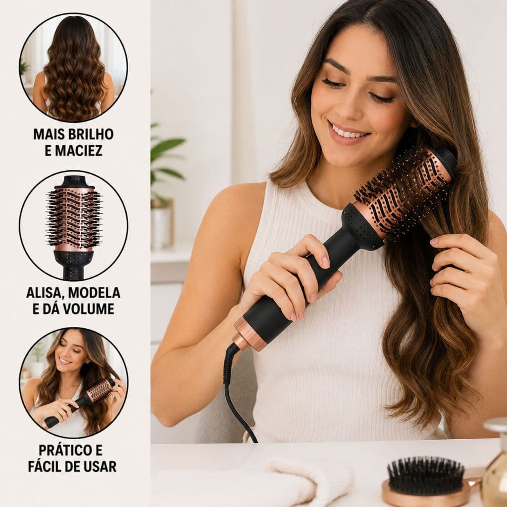 Escova Secadora Cabelo Profissional Bivolt Potente 1300w Alisadora Modeladora