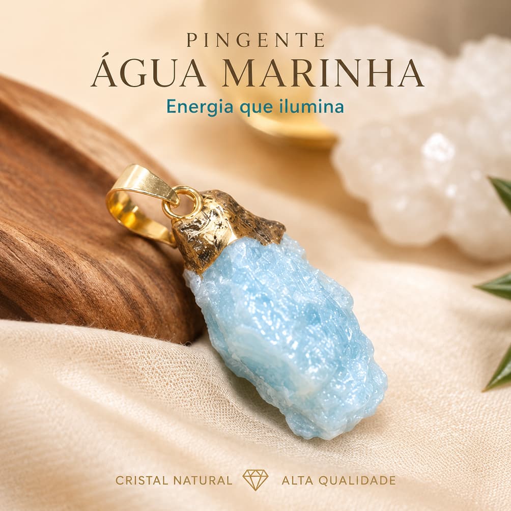 Pingente Agua Marinha Bruta Natural Pedra Cristal Proteção Paz Energia Premium Luxo Elegante