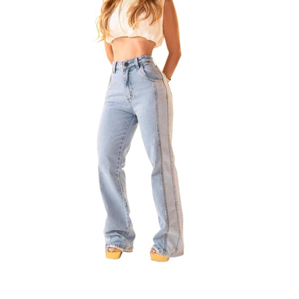Calça Jeans Feminino Wid Leg Bicolor Cintura Alta Detalhe Jeans Diferenciado Sem Lycra Revesst Jeans