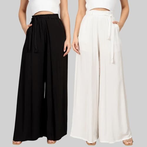 Kit 2 Calça Femininas Pantalona WideLeg Cintura Alta E Cinto Em Tecido Leve Casual Soltinha