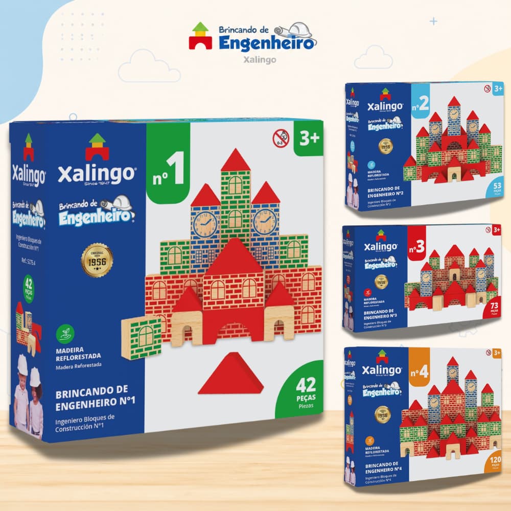 Brincando de Engenheiro Xalingo Brinquedo Educativo de Madeira Blocos de Construção Original 3+