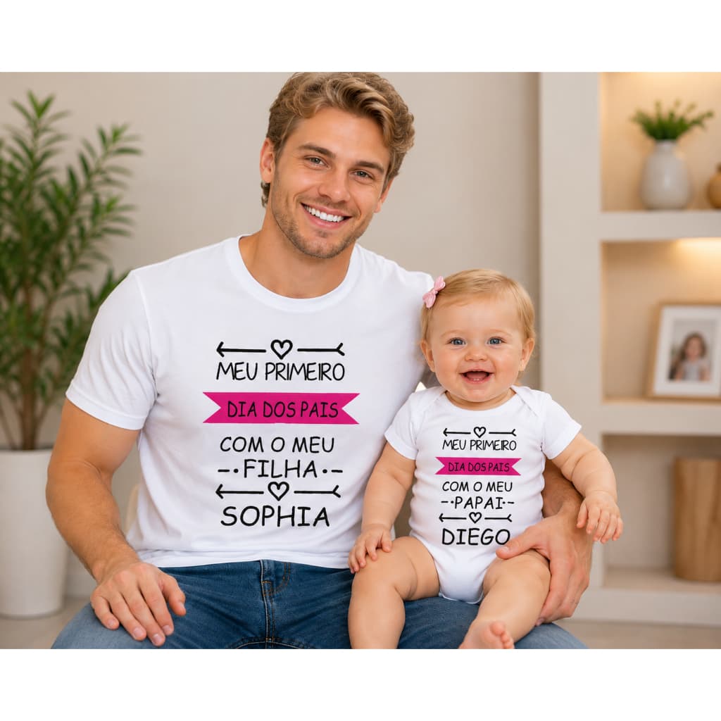 Kit Pai e Filha para Fotos | Camiseta Pai + Body Bebê | Dia dos Pais Personalizado com Nomes