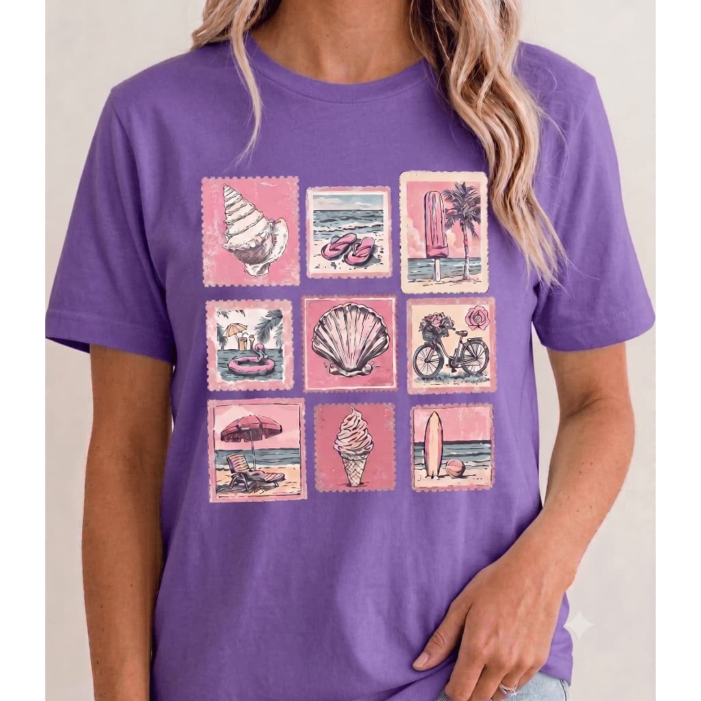 Camiseta Feminina Verão Quadrado Concha Praia Sol Camisa T-Shirt Tendência