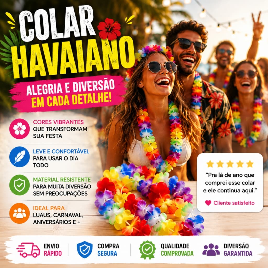 KIT Colar Havaiano Tecido Colorido Carnaval Festas