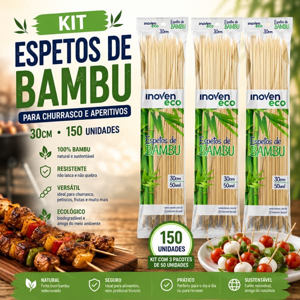 Kit Espetos de Bambu 30cm para Churrasco Aperitivos Inoven 150 Unidades