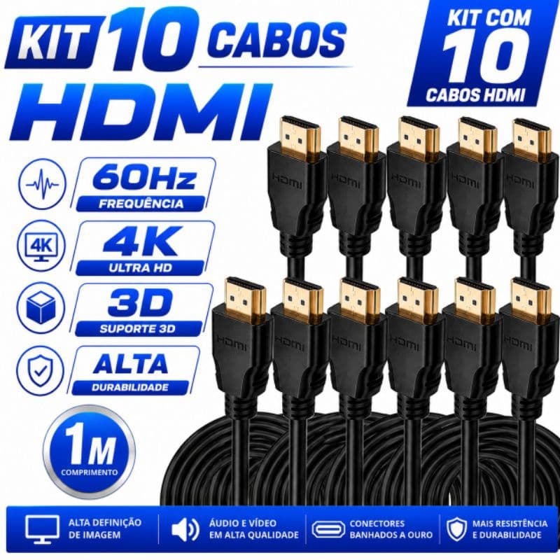 Kit Cabo HDMI 1Metro, 2Metros  4K Ultra HD 60Hz 3D – Kits com 2, 4 e 10 Cabos