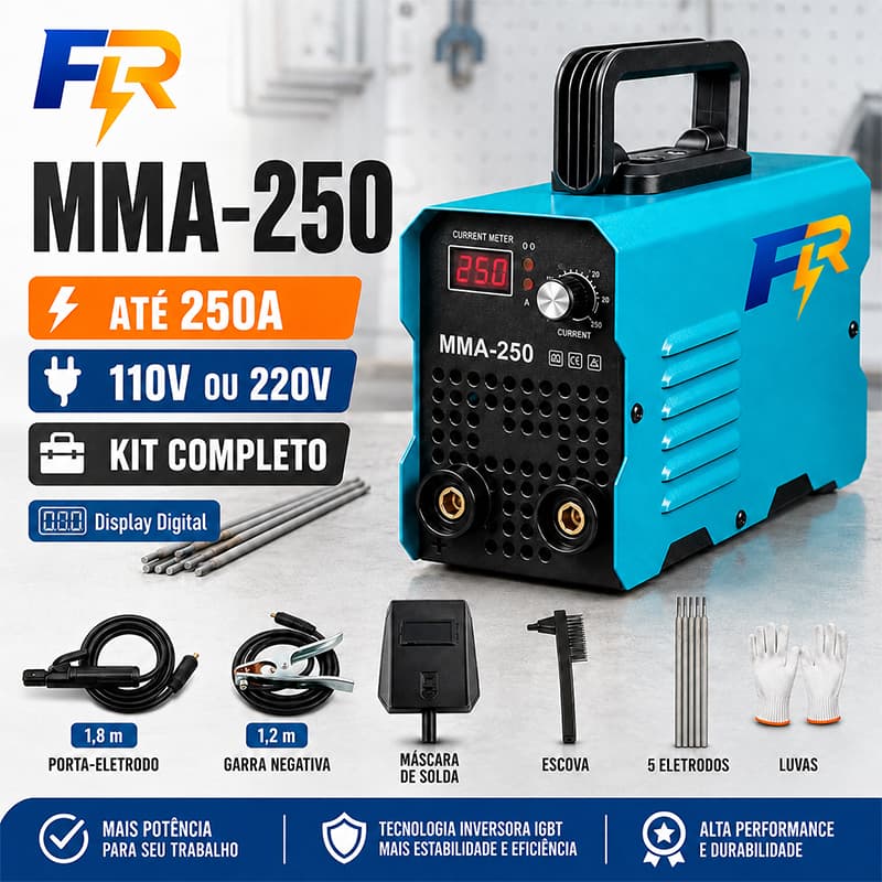 Máquina de Solda Inversora MMA-250 250A IGBT Digital 110V ou 220V Kit Completo FR