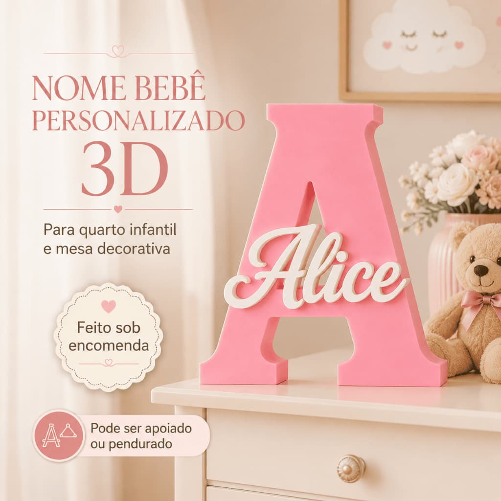 Nome Bebê Personalizado 3D para Quarto Infantil e Mesa Decorativa