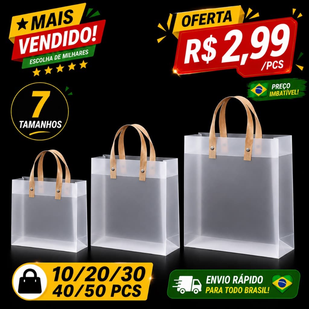 Kit 20 Sacola De Presentes Transparente Aniversário PP Fosco Premium Reutilizável Impermeável Alça Reforçada Festa Natal