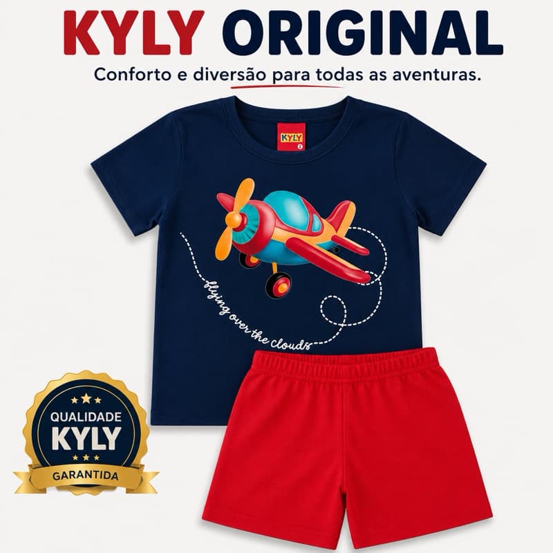 Conjunto Infantil Kyly Menino Camiseta Avião + Bermuda Confortável Menino Tam 1 2 e 3
