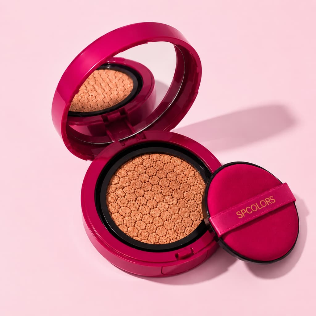 Base Cushion SPCOLORS Maquiagem Facial com Espelho e Aplicador, Cobertura Média e Acabamento Natural – 6 Cores