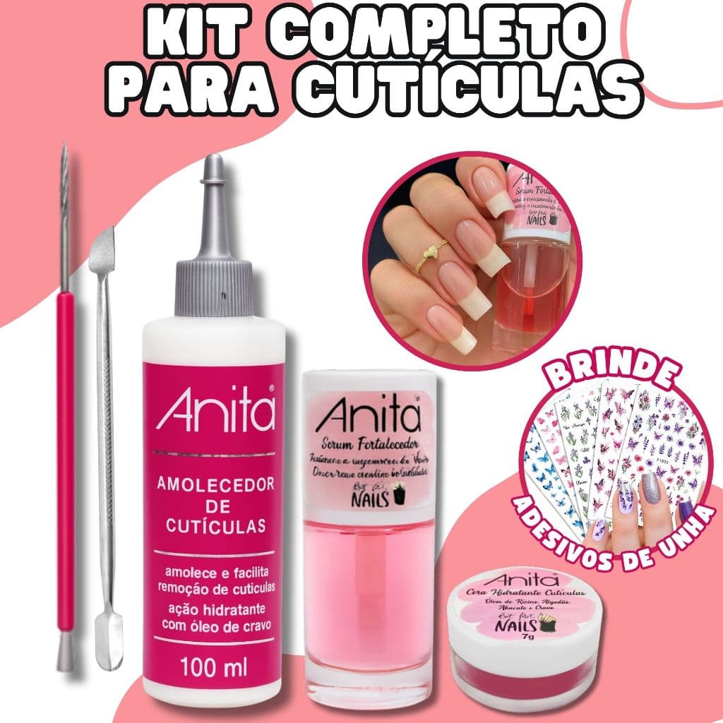 Kit Amolecedor de Cutículas Anita + Sérum Fortalecedor + Cera Hidratante Espatula Cutícula Silicone