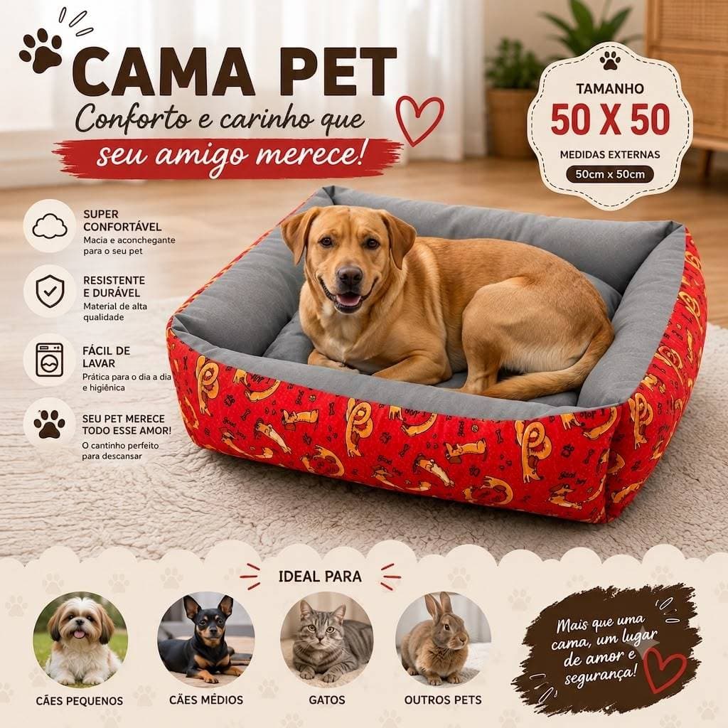 Cama Cachorro Gato Grande Lavável 50 x 50 M GG Pet Confortável Envio Imediato